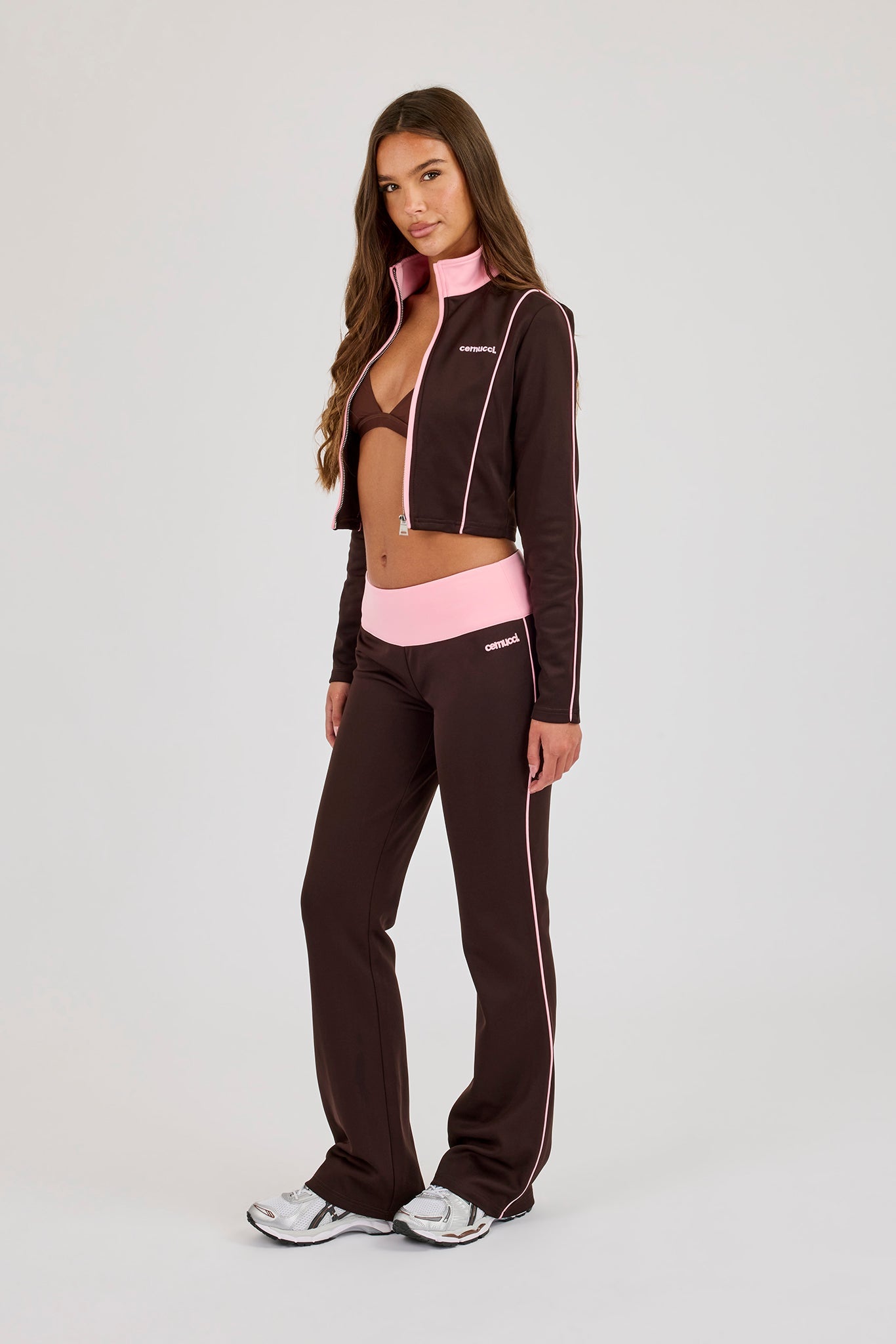 Fitted Contrast Piping Track Top & Fitted Flare - Chocolate